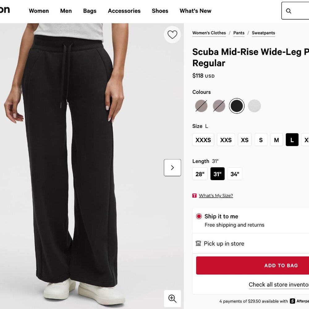Lululemon Black Wide-Leg Sweatpants, size L